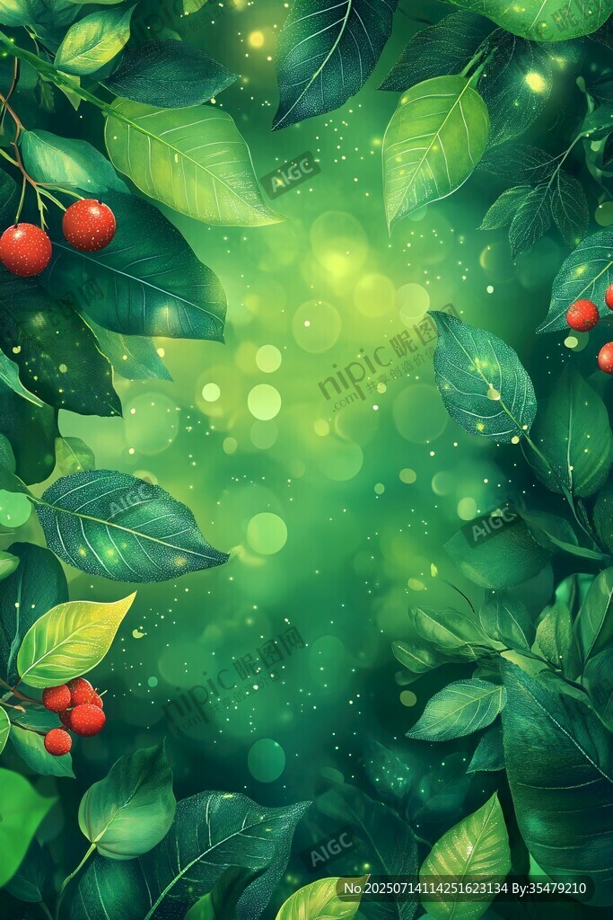 夢幻綠葉紅果自然圖景