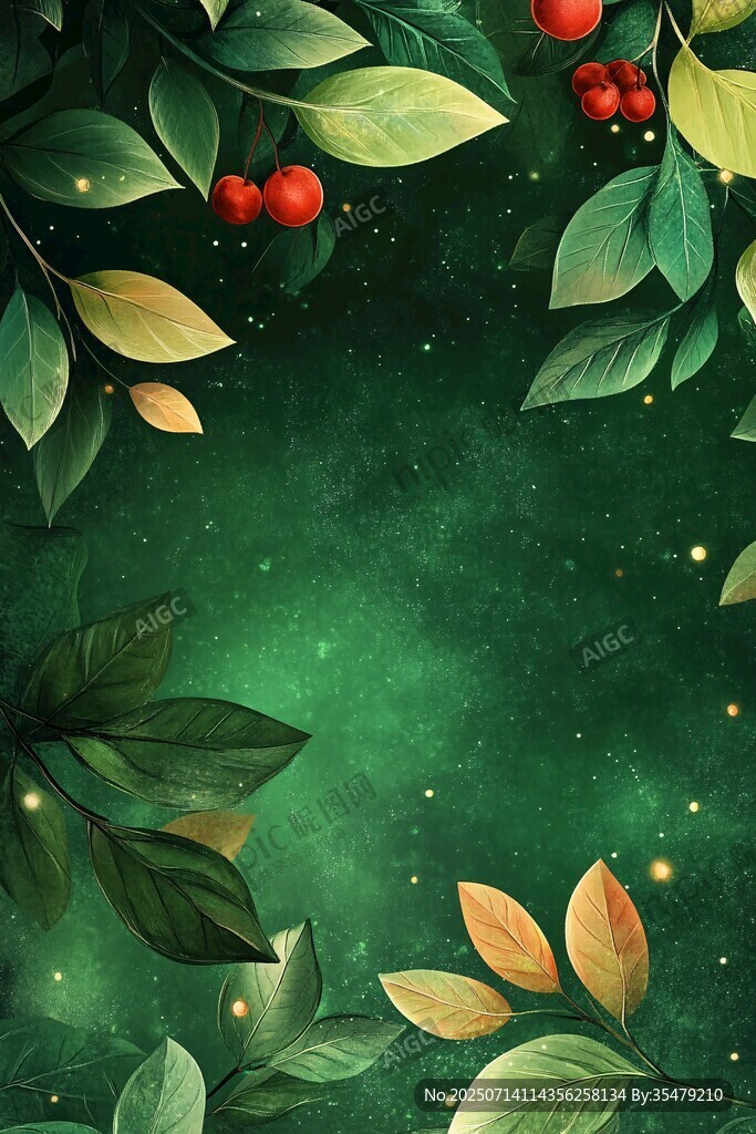 夢幻綠葉間的紅果夜景