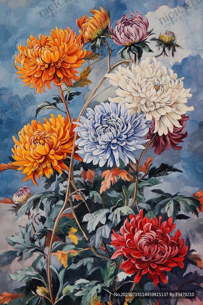多彩菊花油畫花卉圖