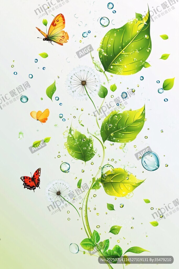 綠葉蝴蝶夢幻清新插畫