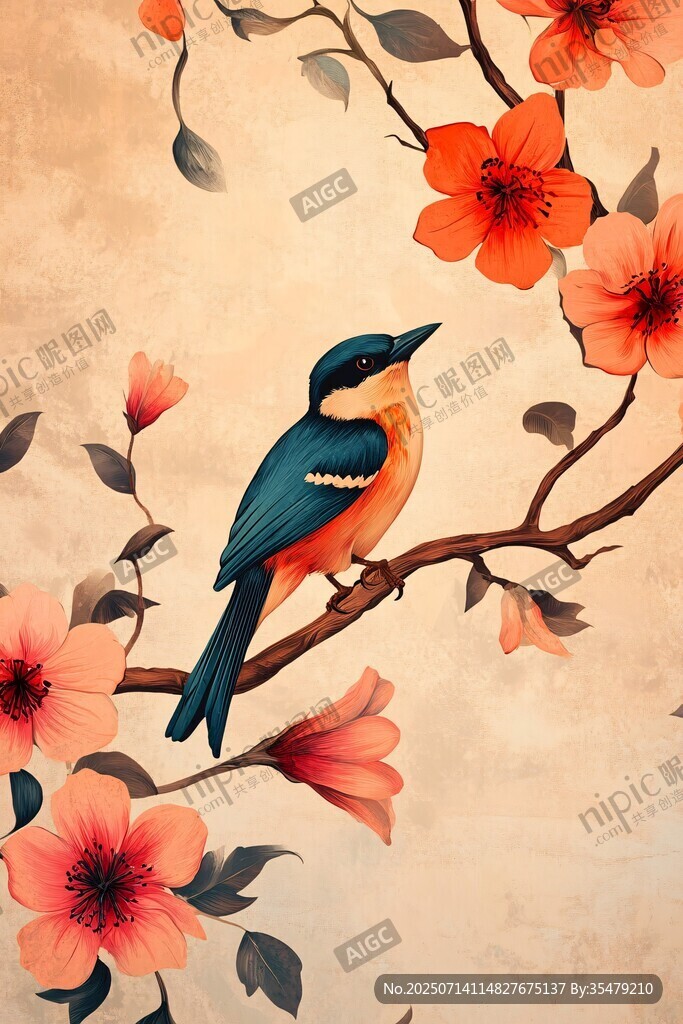 花鳥圖中棲鳥賞艷花