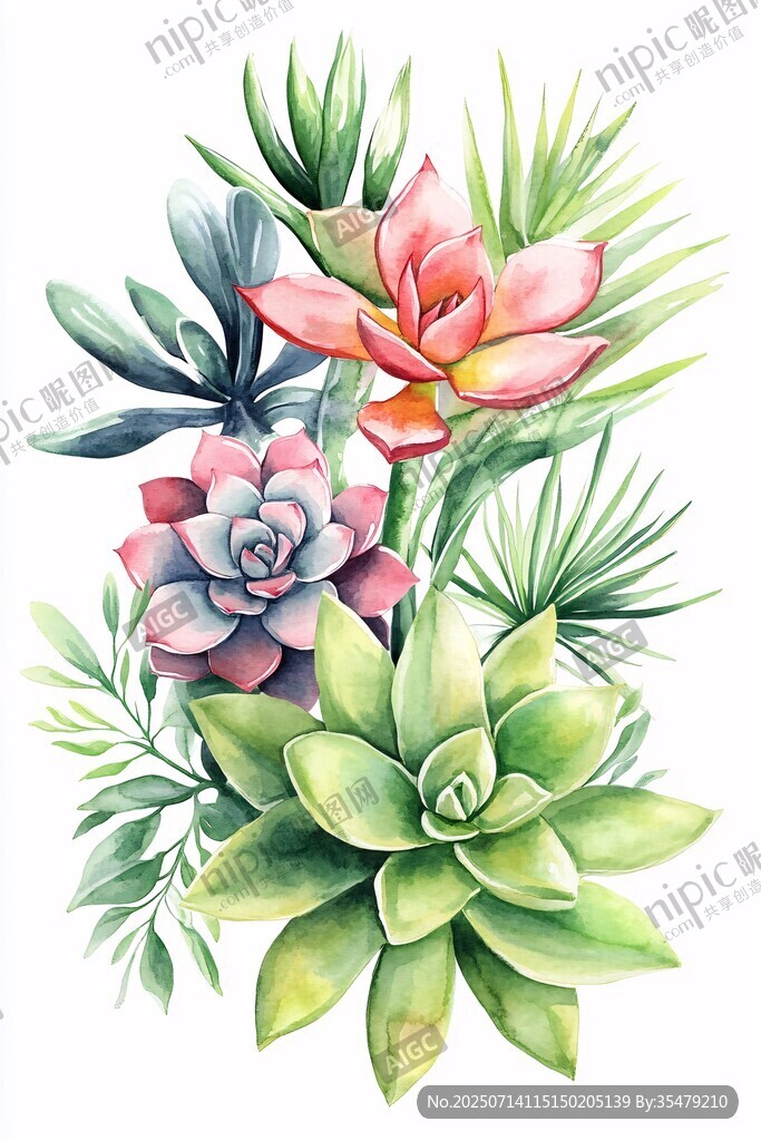 水彩繪多彩多肉植物組合
