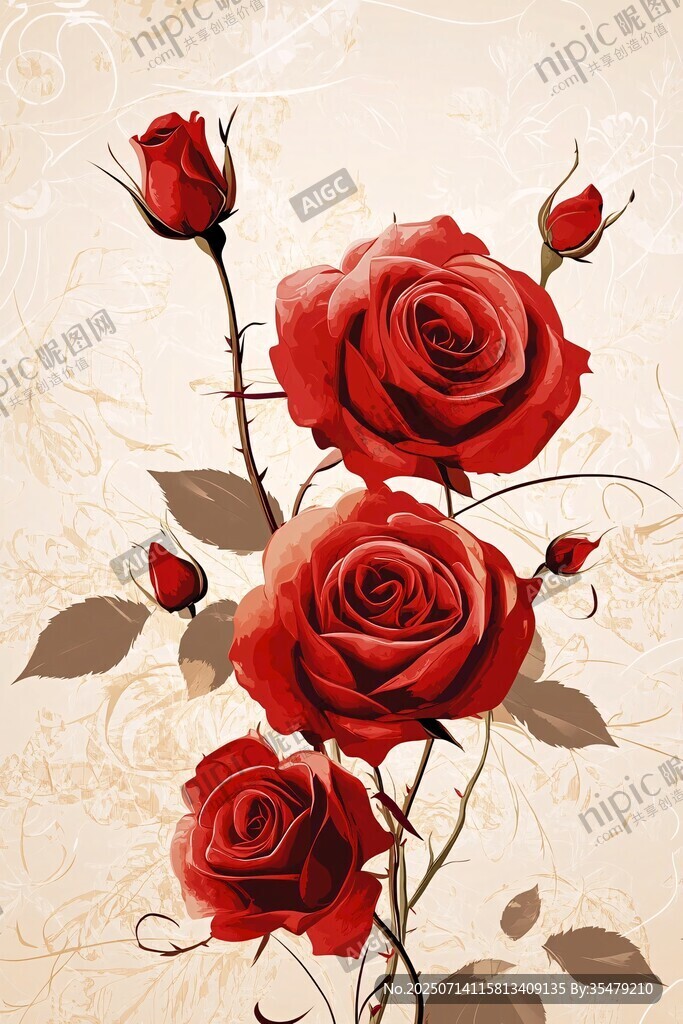 復(fù)古風(fēng)紅玫瑰花卉插畫