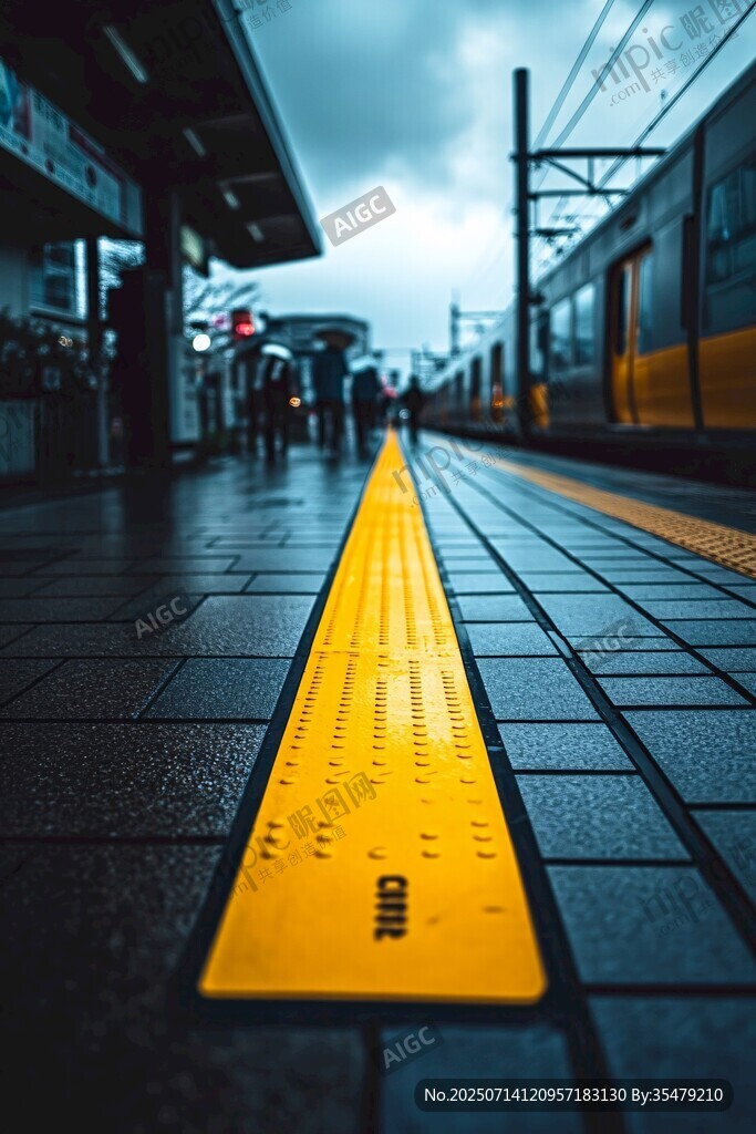 車站黃色盲道與列車景象