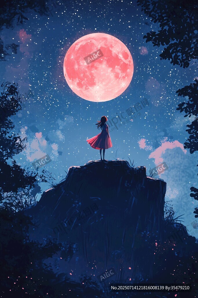 少女月下獨賞夢幻夜空