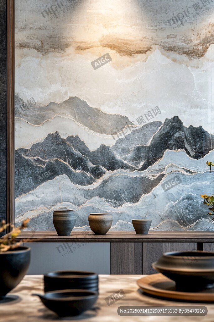 中式山水背景的雅致茶室