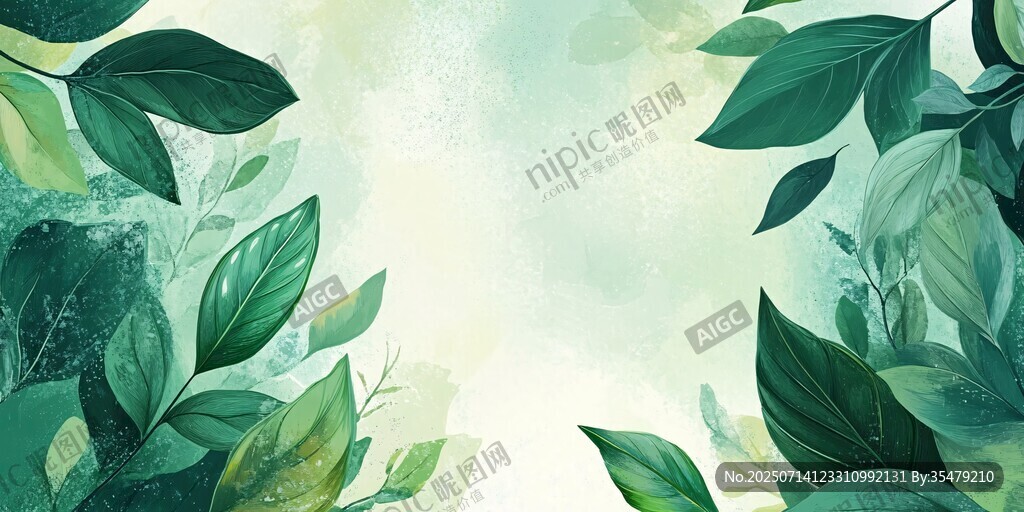 清新綠葉水彩背景圖