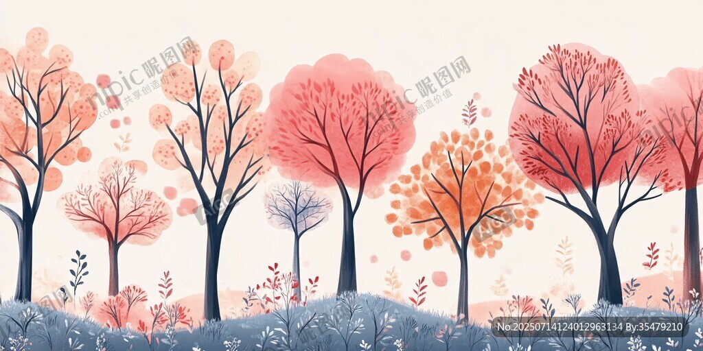秋日夢(mèng)幻樹林風(fēng)景插畫