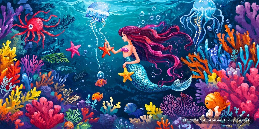 夢幻海底美人魚插畫