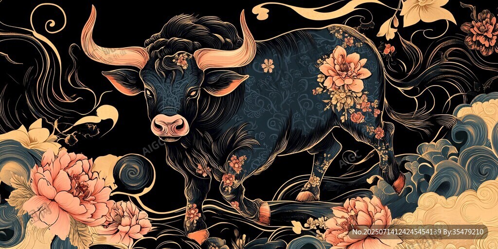 牛年祥瑞插畫 繁花伴牛行