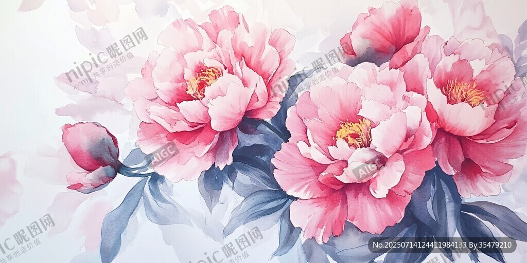 粉色牡丹綻放美麗花卉圖
