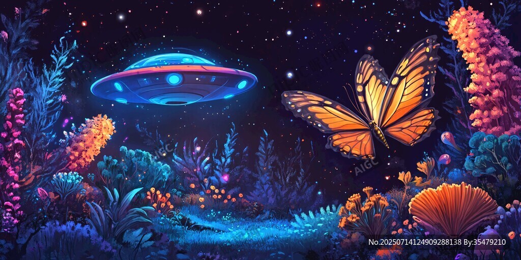 夢幻外星花海與蝴蝶景象