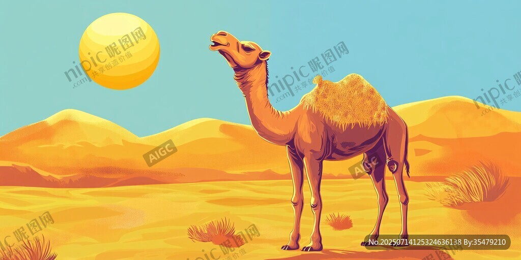 沙漠中的駱駝與溫暖太陽