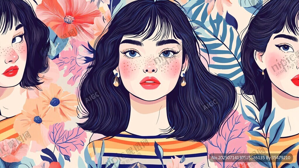 三位時尚女孩的花卉插畫
