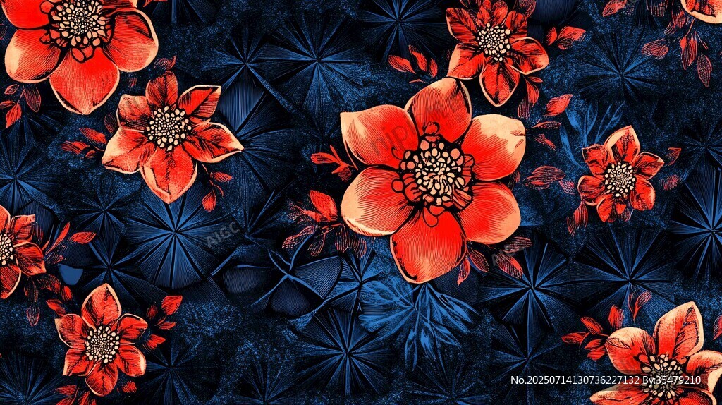 深藍(lán)底艷紅花卉圖案紋理
