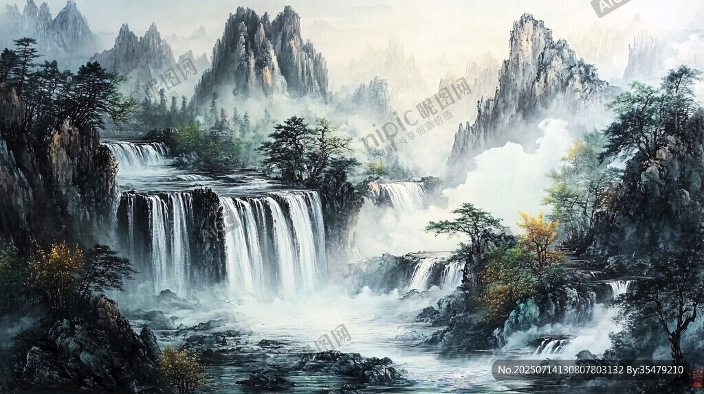 山水瀑布國畫景觀