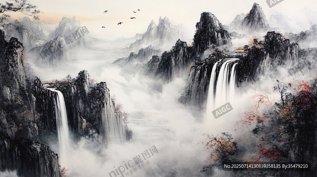 水墨山水間的壯麗瀑布景觀