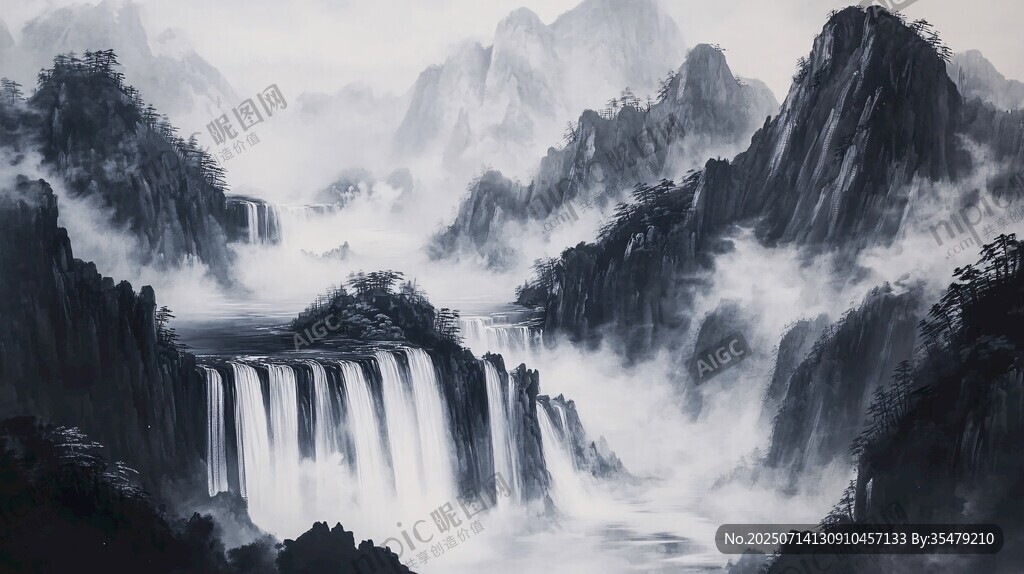 水墨山水間的瀑布奇觀