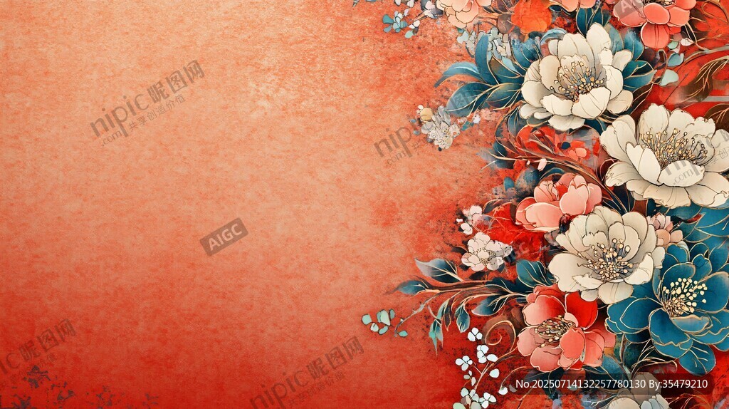 橘色背景繁花中式風圖案