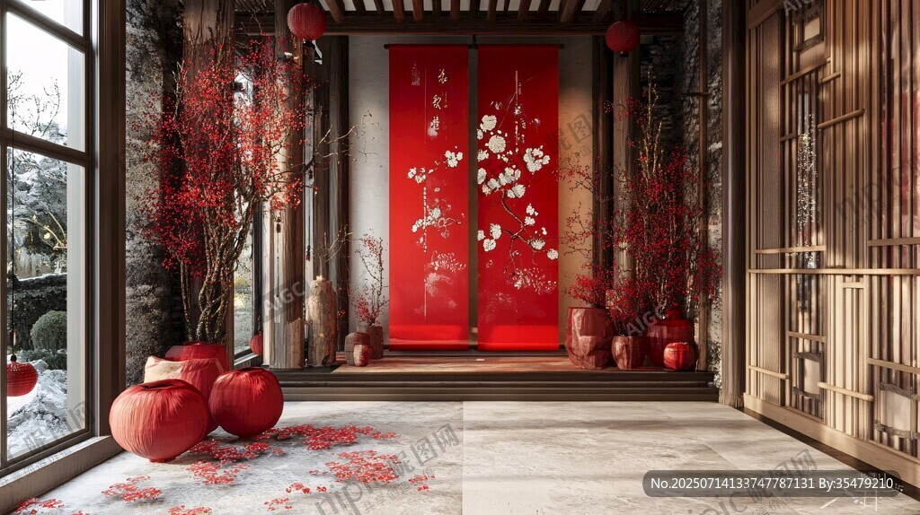 中式庭院喜慶紅梅裝飾景