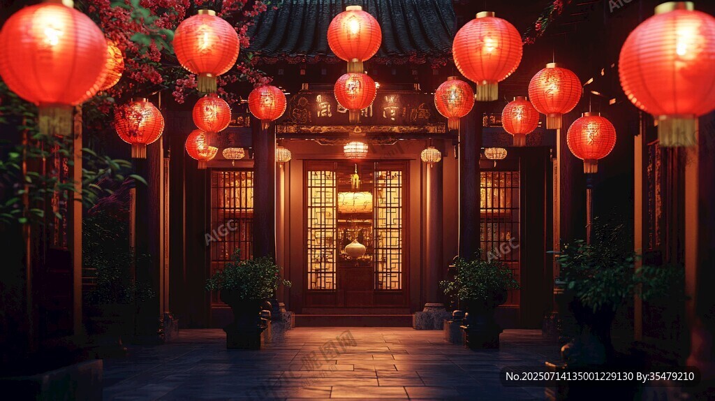 中式庭院紅燈籠點(diǎn)亮夜色