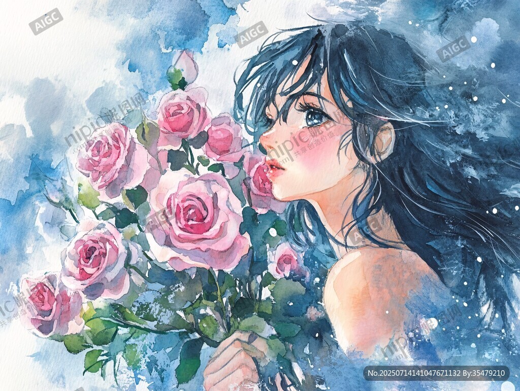 藍(lán)發(fā)少女輕嗅粉色玫瑰