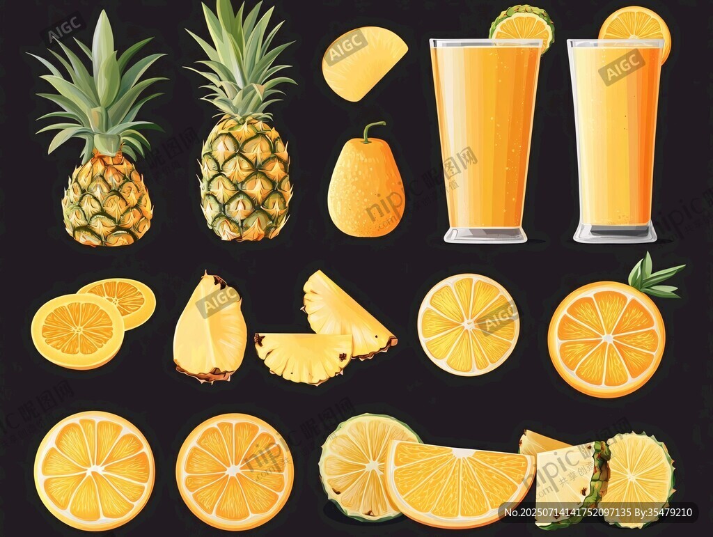 多樣柑橘與菠蘿果汁插畫