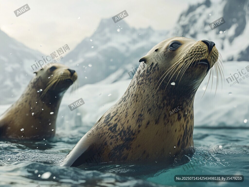 冰海雙海豹悠然水中望