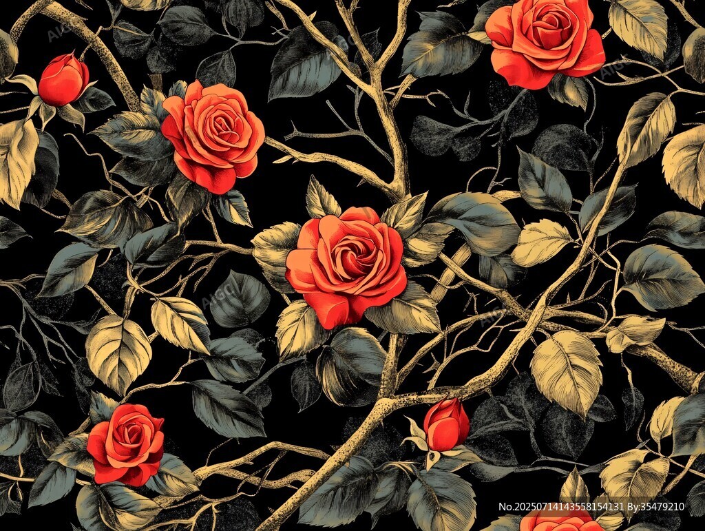 復(fù)古紅玫瑰枝葉無縫圖案