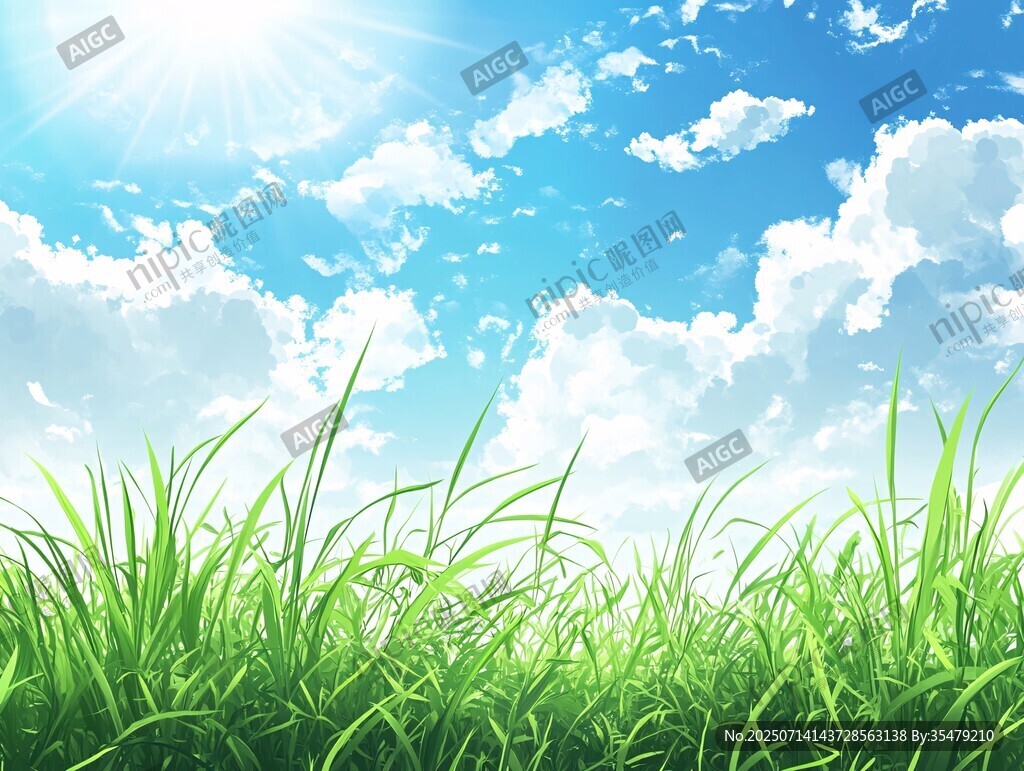 陽光草地藍天夢幻風景圖