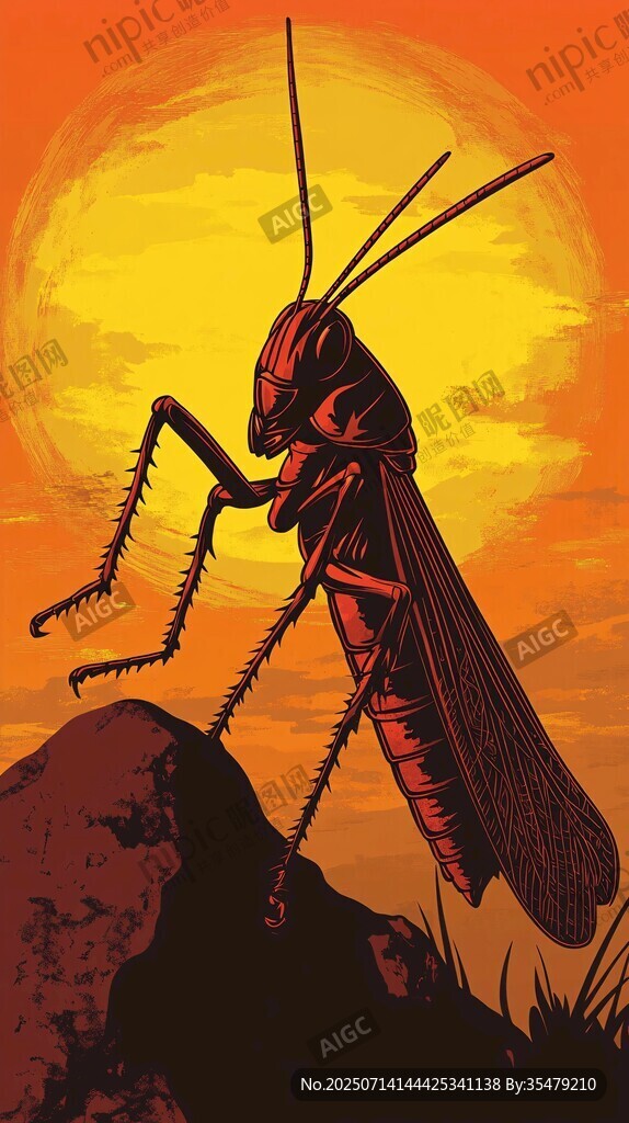 夕陽下的巨型蝗蟲剪影