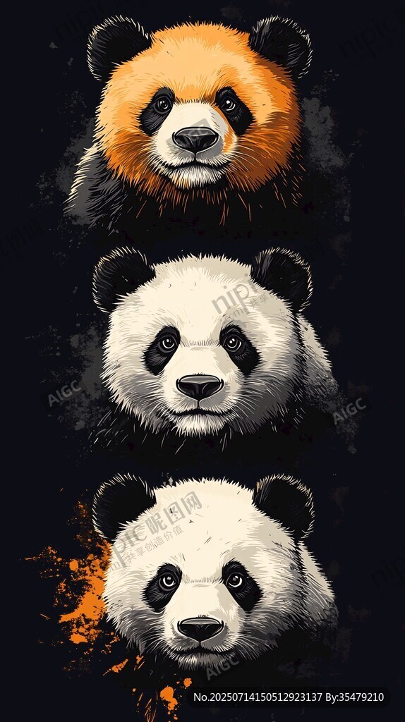 三色熊貓頭像插畫