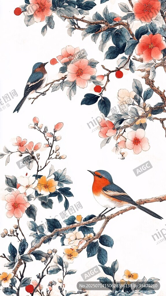 花鳥(niǎo)圖 枝頭雙鳥(niǎo)伴繁花