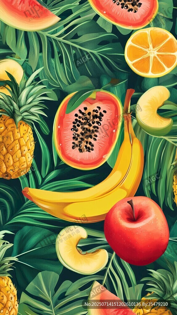 熱帶水果與綠葉清新圖案