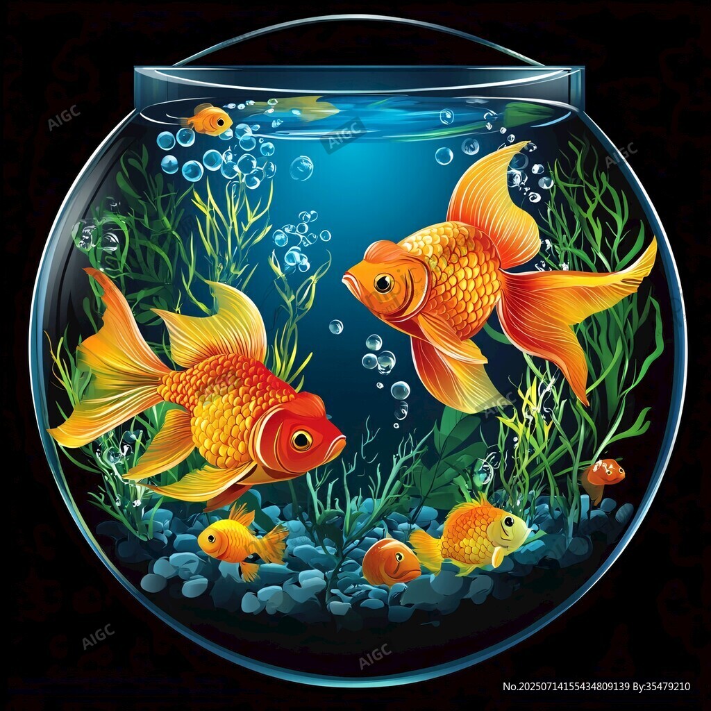 玻璃魚缸中的金魚與水草