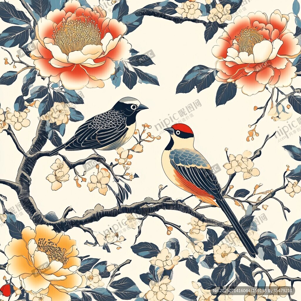 花鳥圖 雙雀棲于繁花間