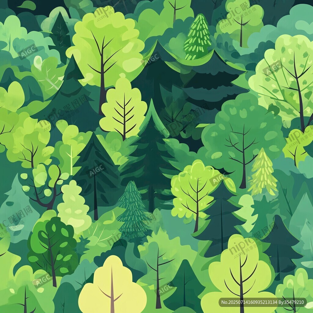 清新手繪風的茂密森林圖景