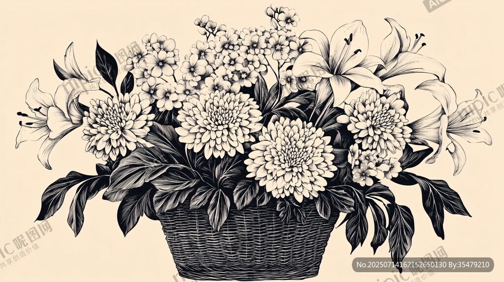 黑白花籃插畫 花卉雅致