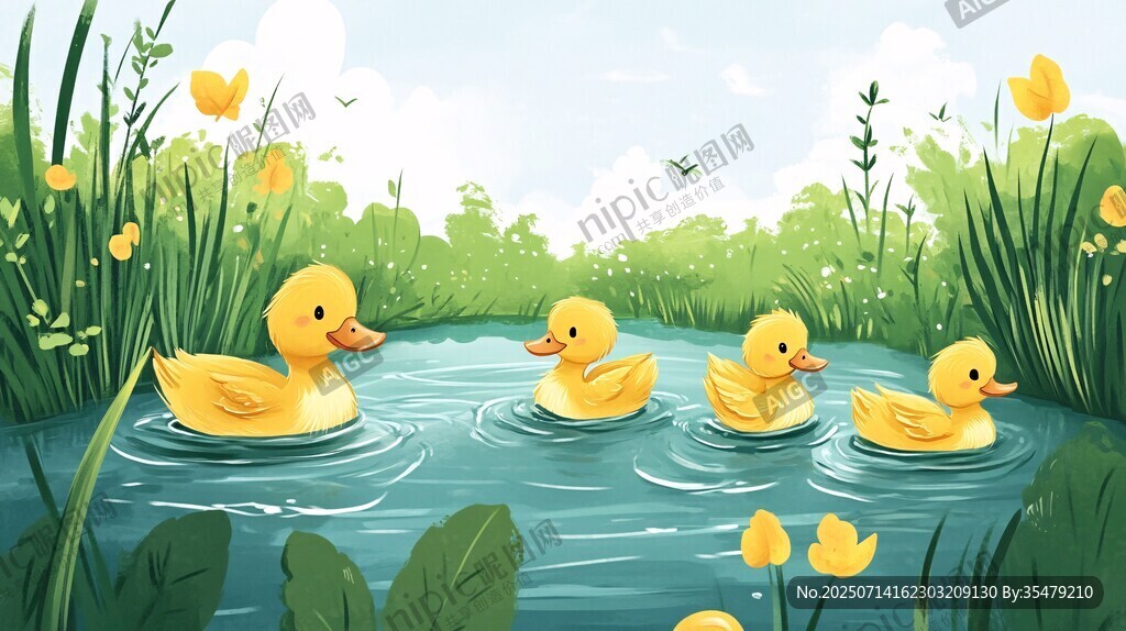 小鴨戲水圖