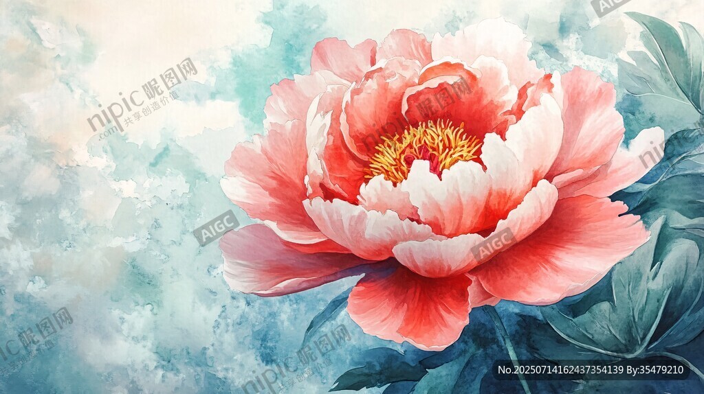 夢幻粉色牡丹花水彩畫