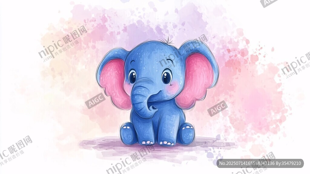可愛藍色小象水彩插畫