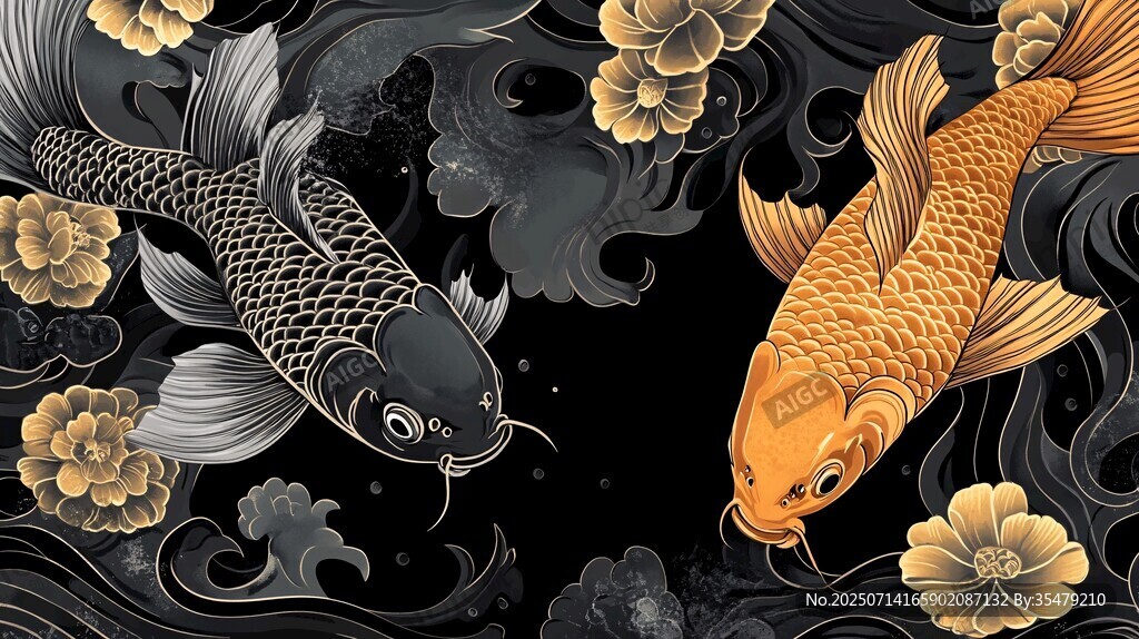 雙鯉戲花圖
