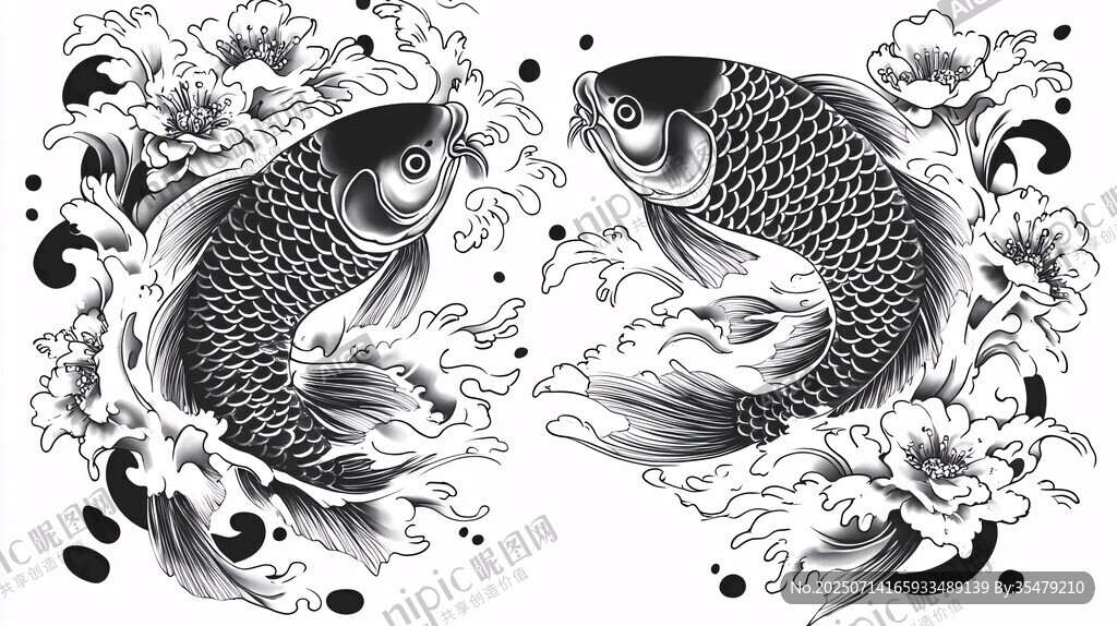 雙錦鯉花卉海浪圖案設計