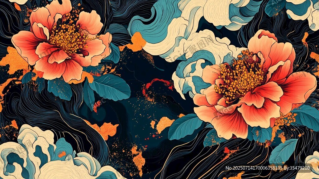 國潮花卉海浪圖案設(shè)計
