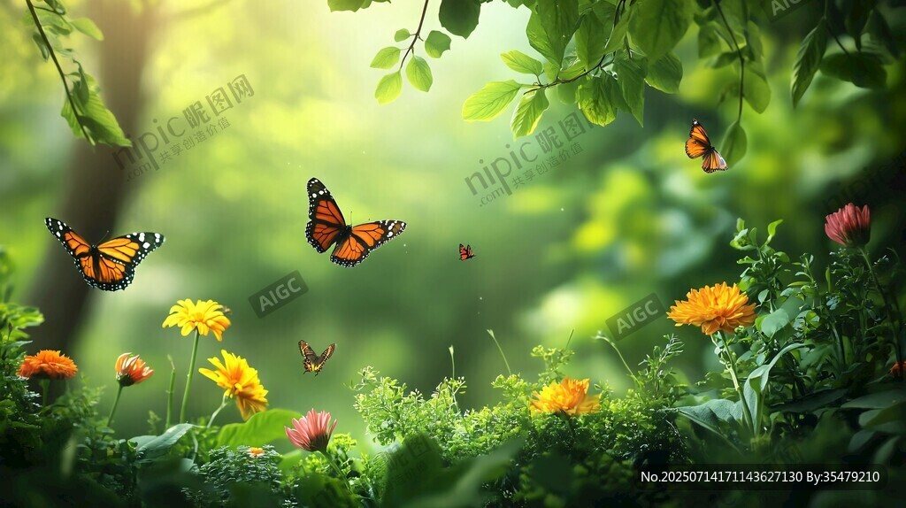 蝶舞花叢間 綠意盎然景