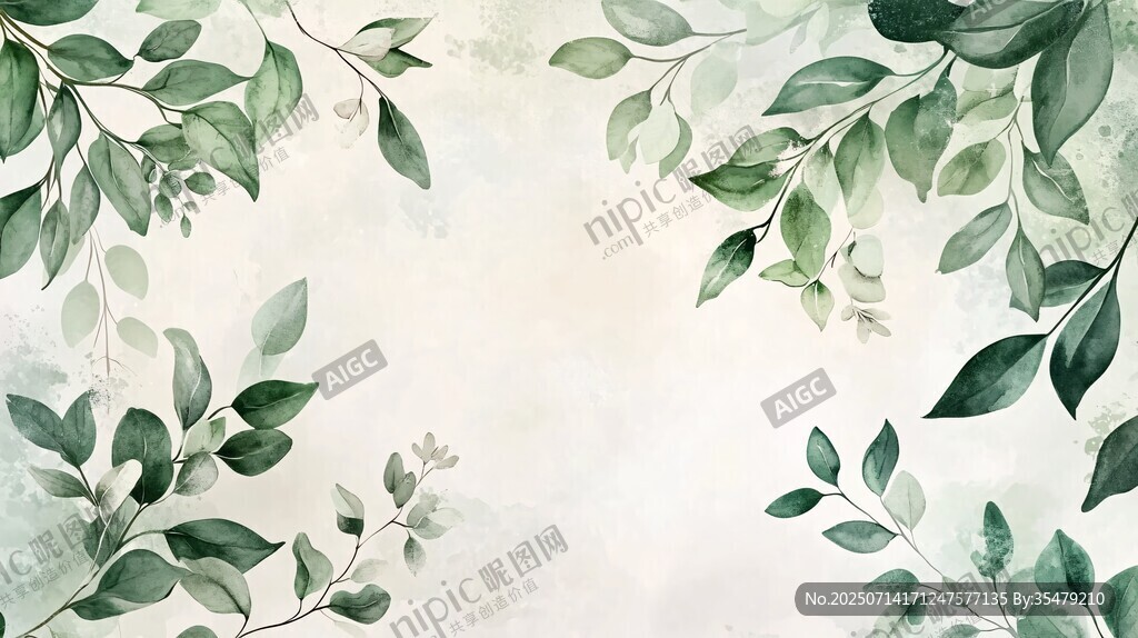 清新綠葉水彩背景圖