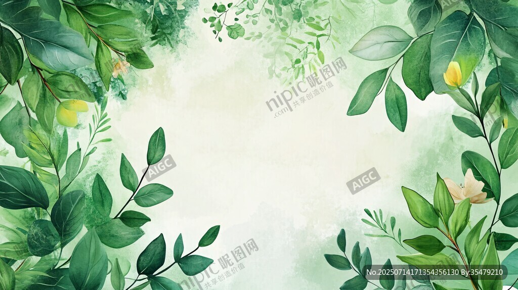 清新綠葉水彩背景圖