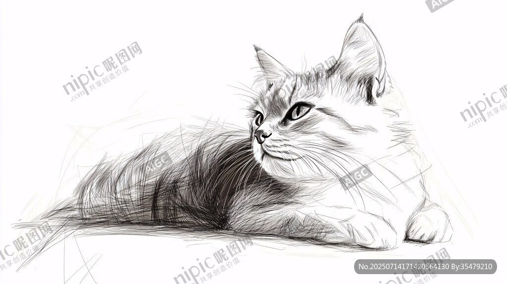 素描貓咪側(cè)躺姿態(tài)圖