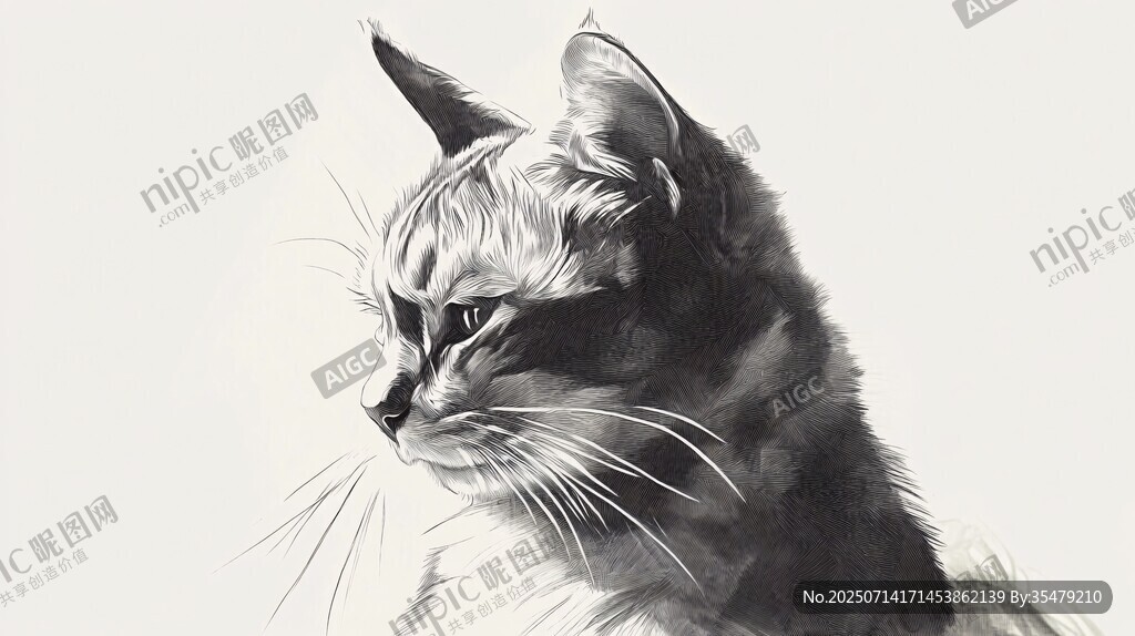 貓咪側(cè)面素描圖