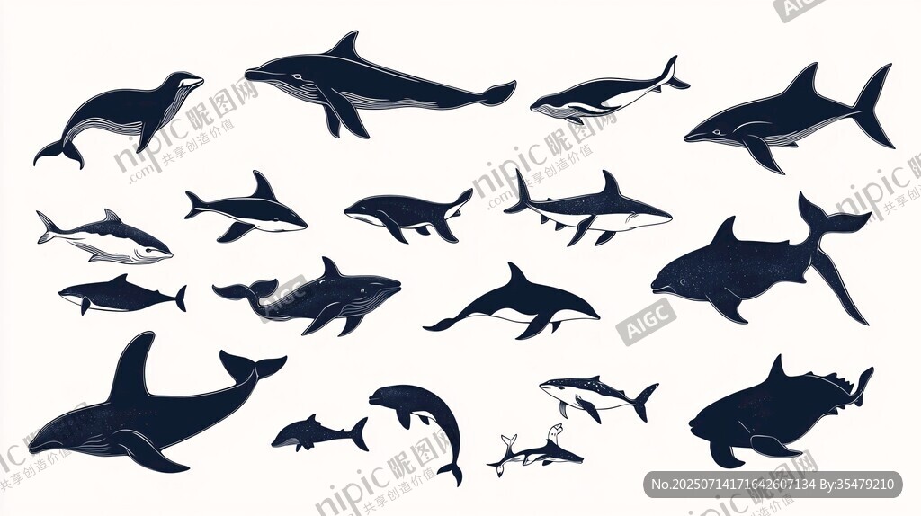 多樣鯨豚魚類插畫圖
